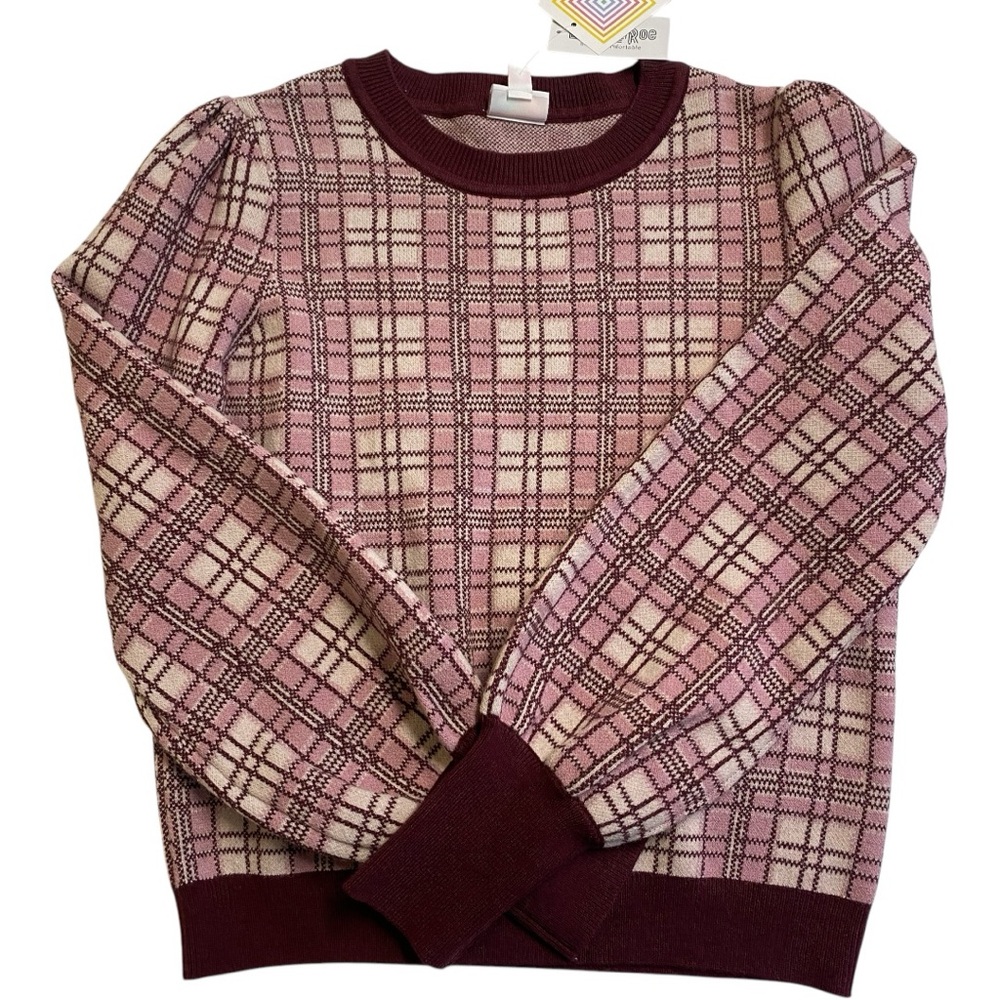 LULAROE Trendy Plaid Puff Sleeve Sweater, Pink Burgundy Checkered Knit Pullover